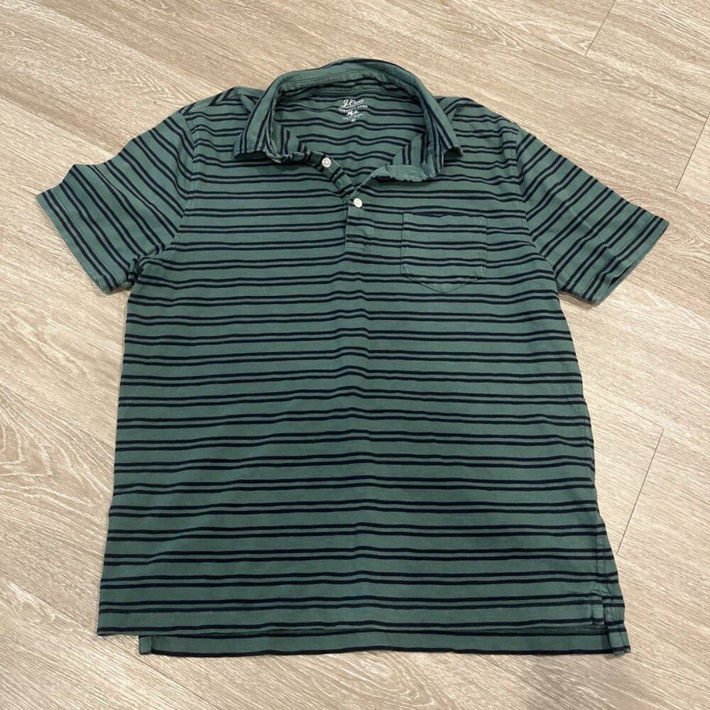 JCREW Slub Cotton Mens M dark green striped navy collared t-shirt tee Polo